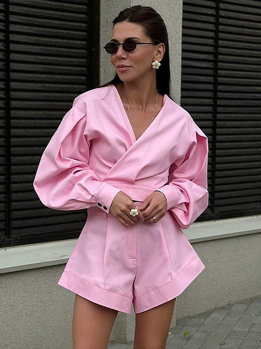 Pink V-Neck High-Waisted Two-Piece Set — view 1