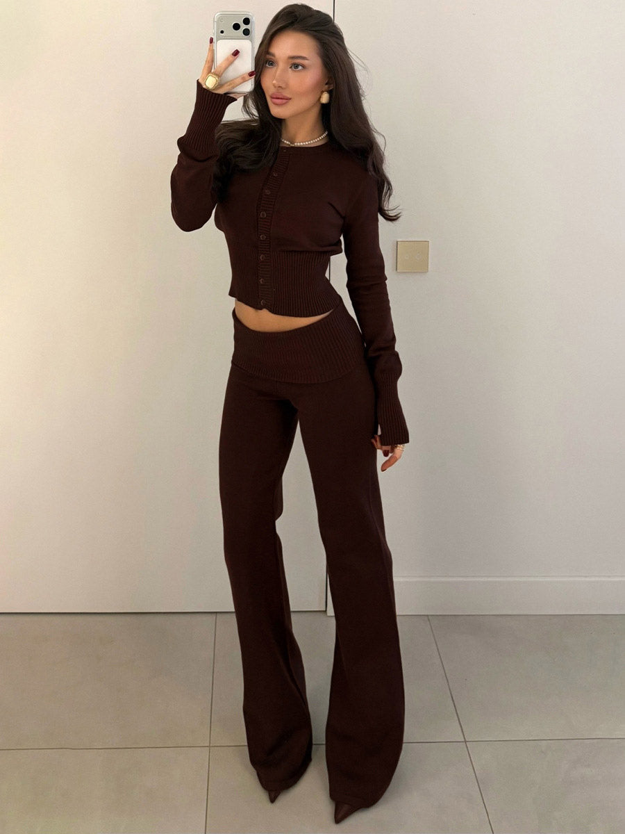brown wide leg knitted two piece set — view 4