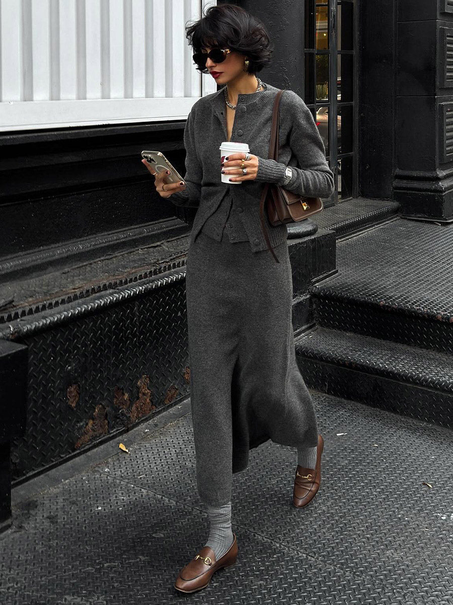 grey knitted midi two piece set — view 3