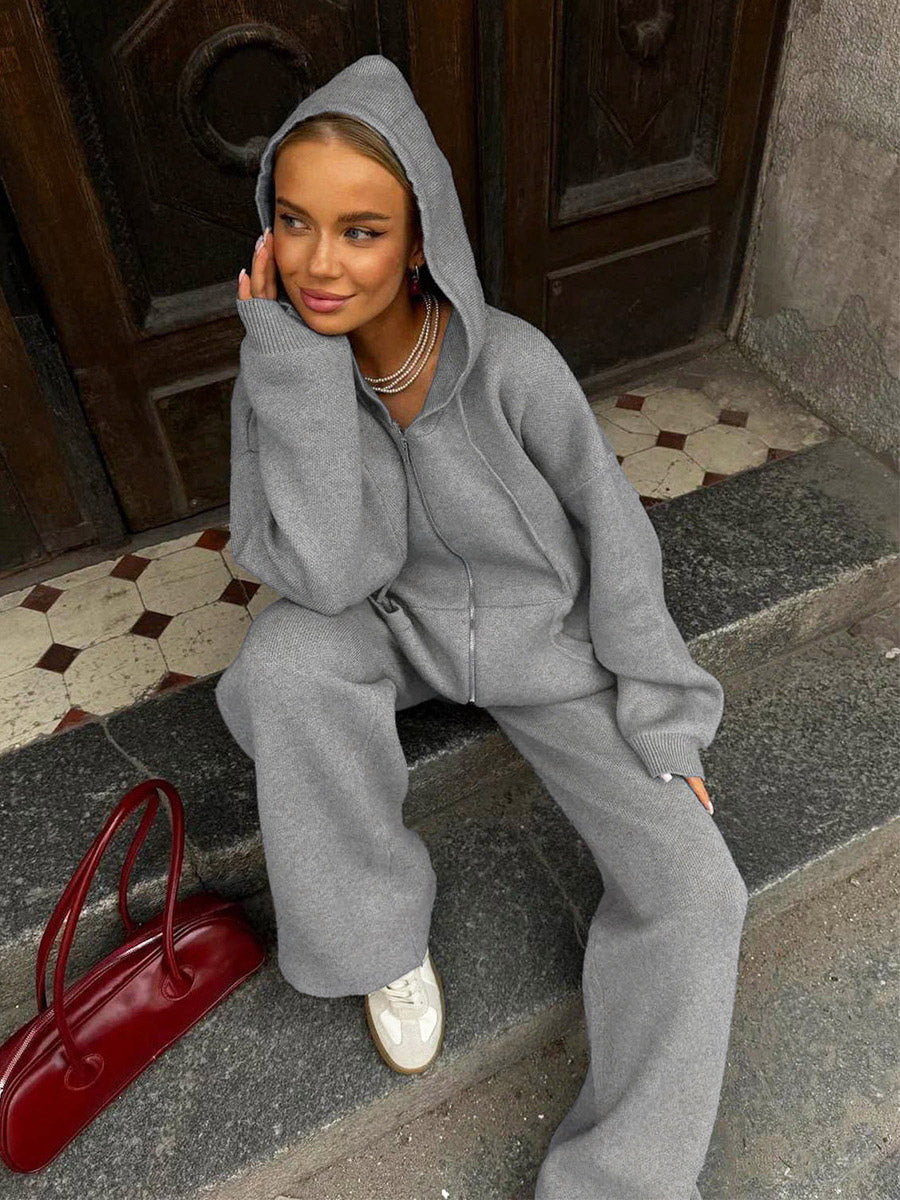 brown zip wide leg hooded two piece set — view 4