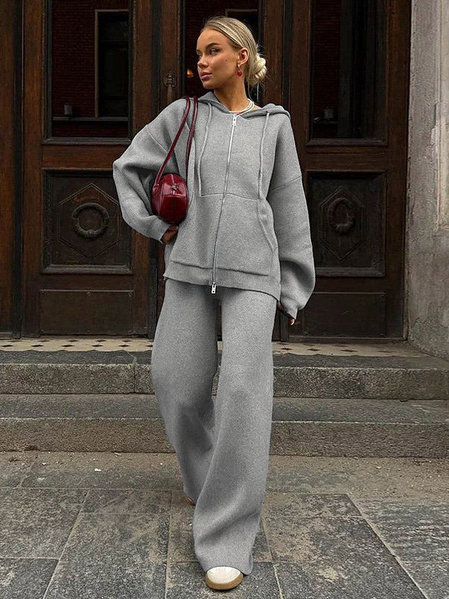 brown zip wide leg hooded two piece set — view 3