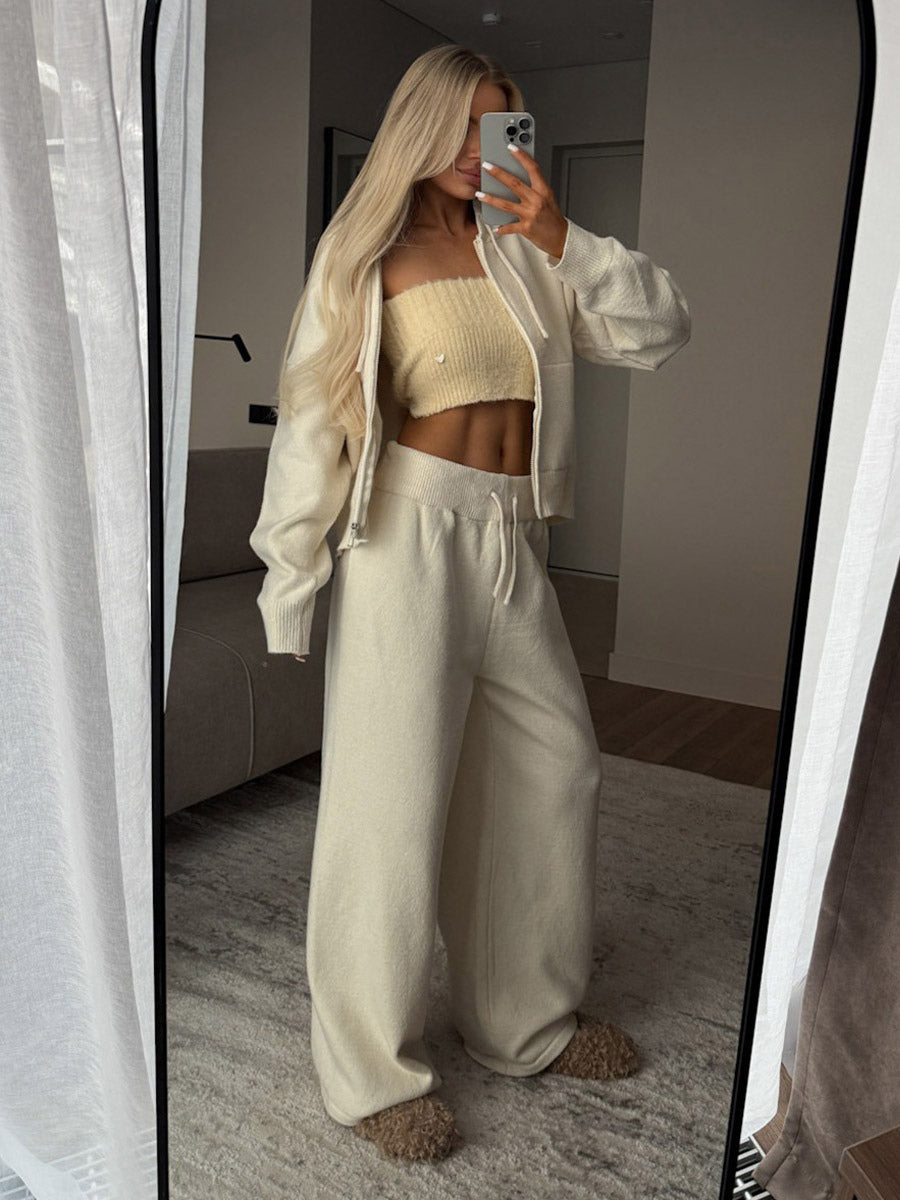 charcoal zip wide leg knitted two piece set — view 3