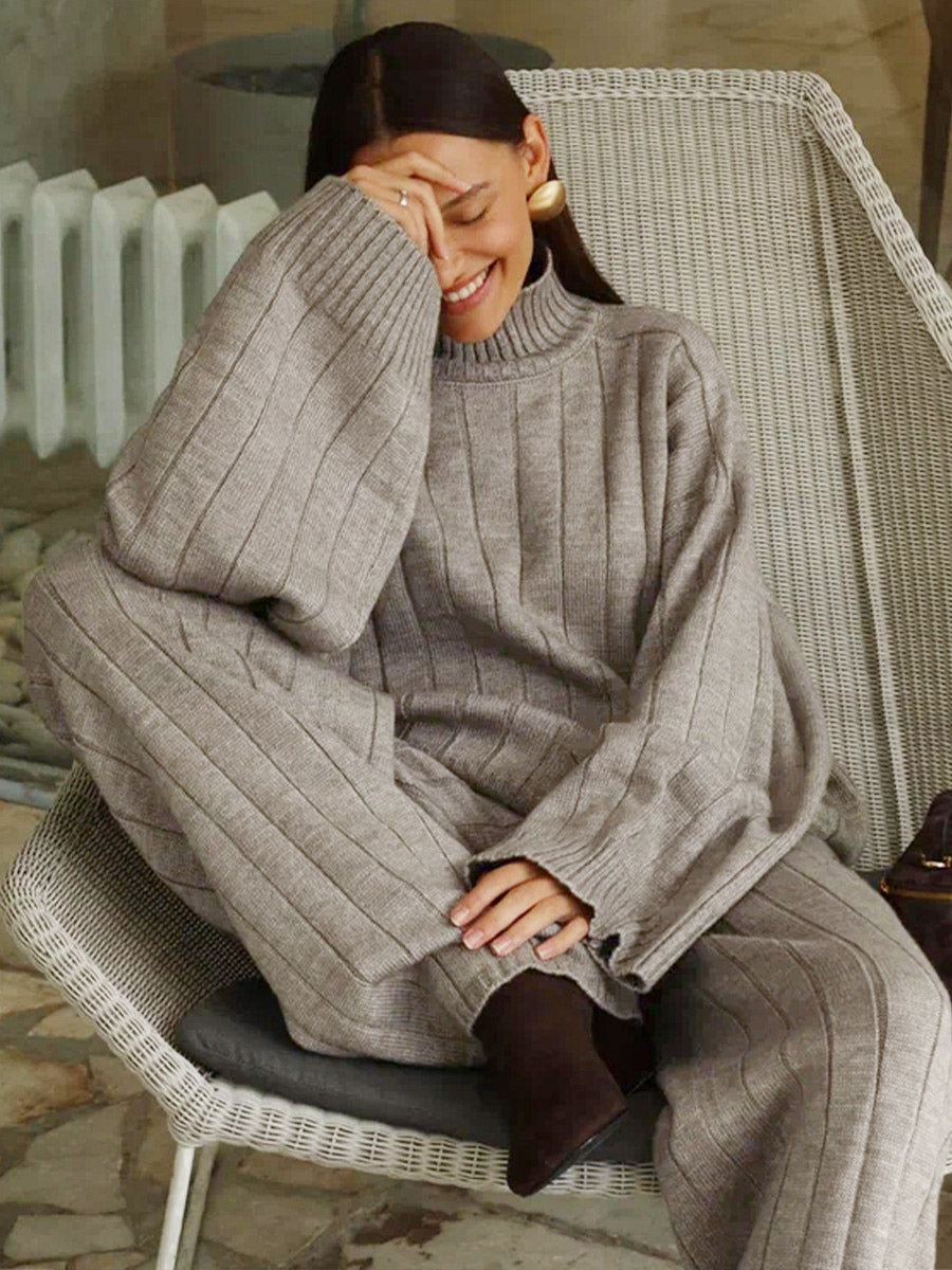 green wide leg relaxed knitted two piece set — view 9