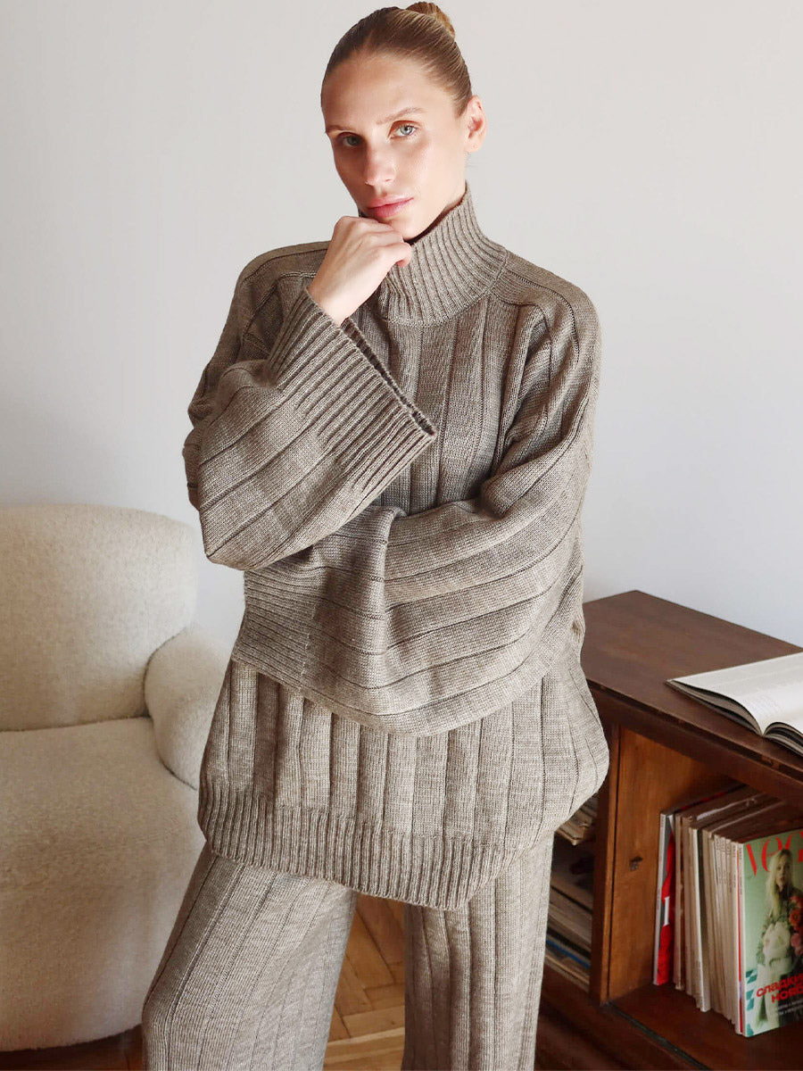 green wide leg relaxed knitted two piece set — view 8