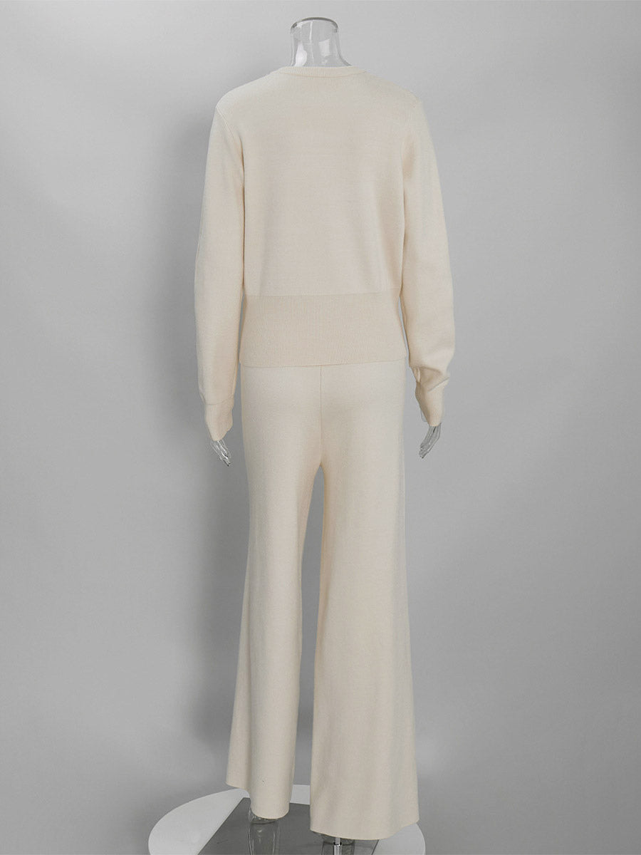 apricot round neck wide leg knitted two piece set — view 7