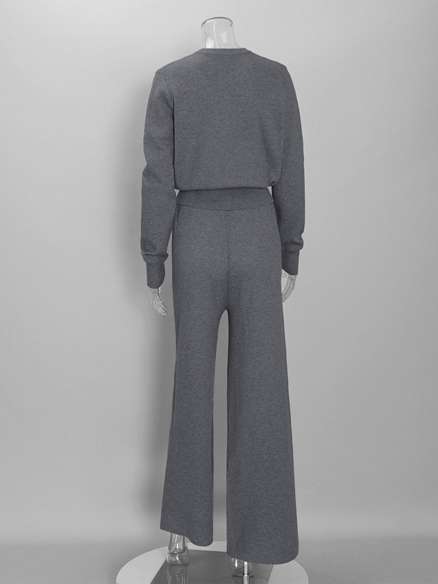 apricot round neck wide leg knitted two piece set — view 12