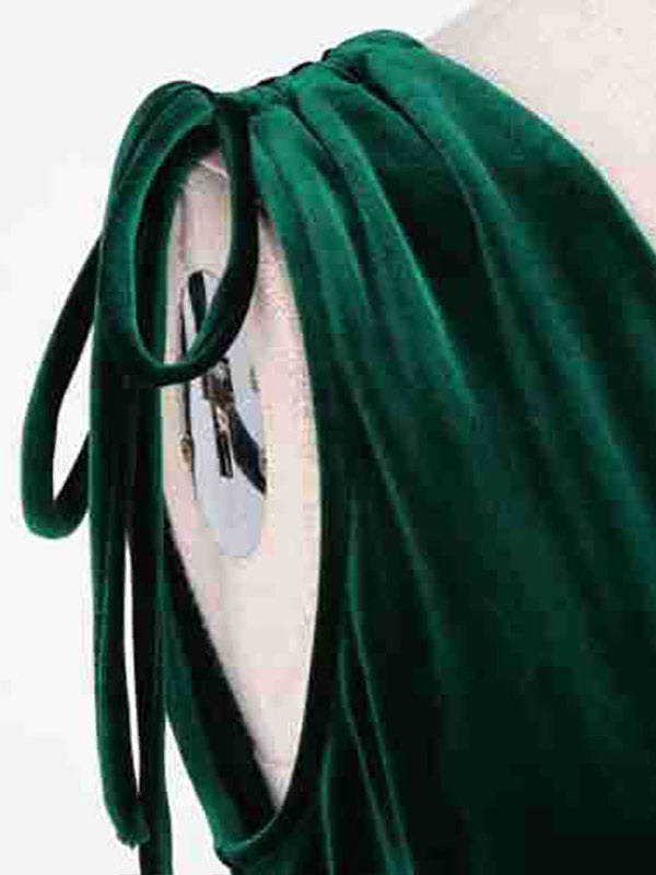 Green V-Neck Velvet Longline Dress — view 4