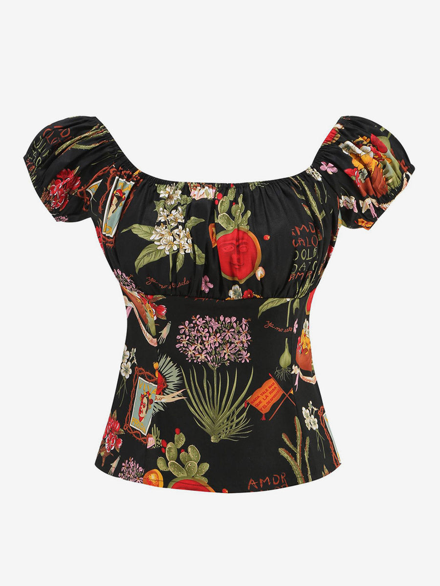 Navy Puff-Sleeve Square-Neck Ruched Blouse — view 3