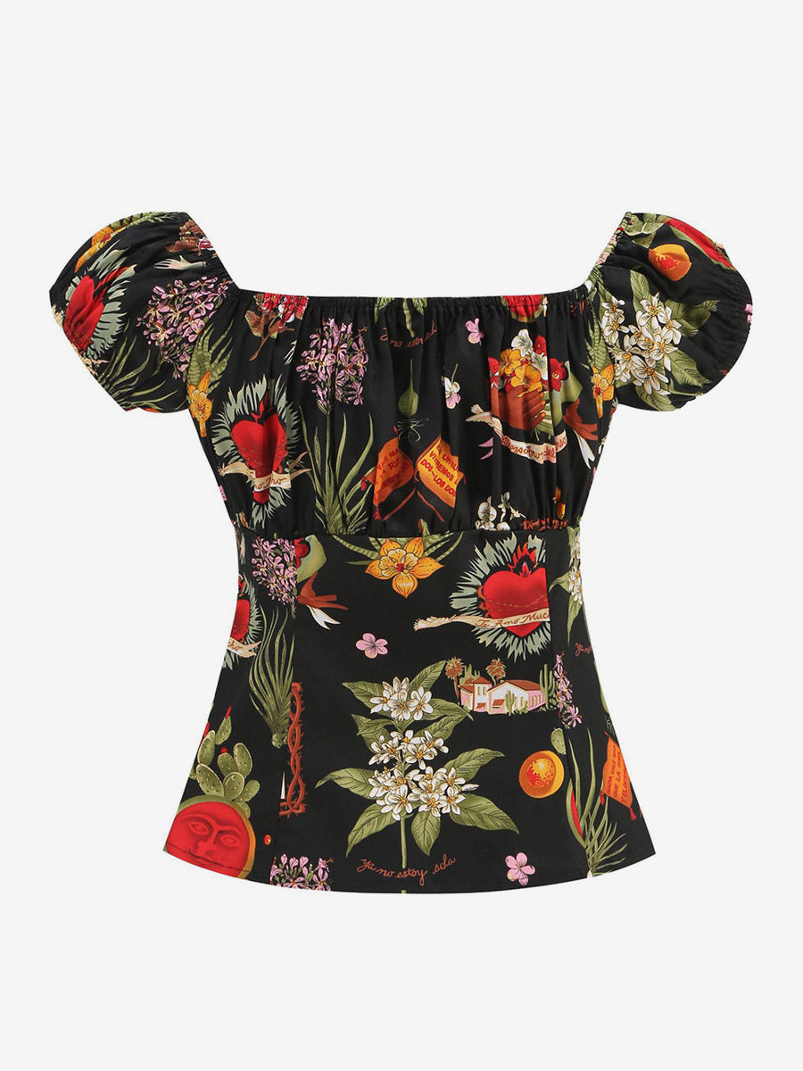 Navy Puff-Sleeve Square-Neck Ruched Blouse — view 4