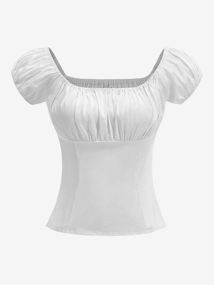 Navy Puff-Sleeve Square-Neck Ruched Blouse — view 10