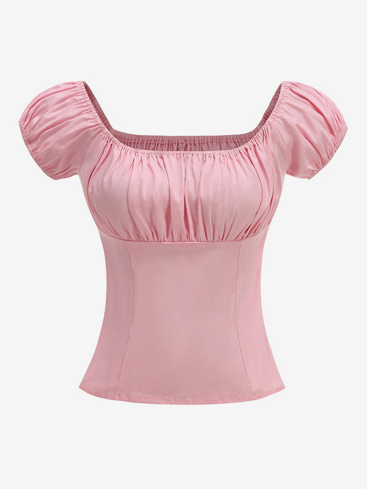 Navy Puff-Sleeve Square-Neck Ruched Blouse — view 6