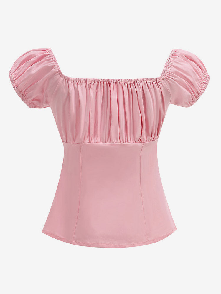 Navy Puff-Sleeve Square-Neck Ruched Blouse — view 7