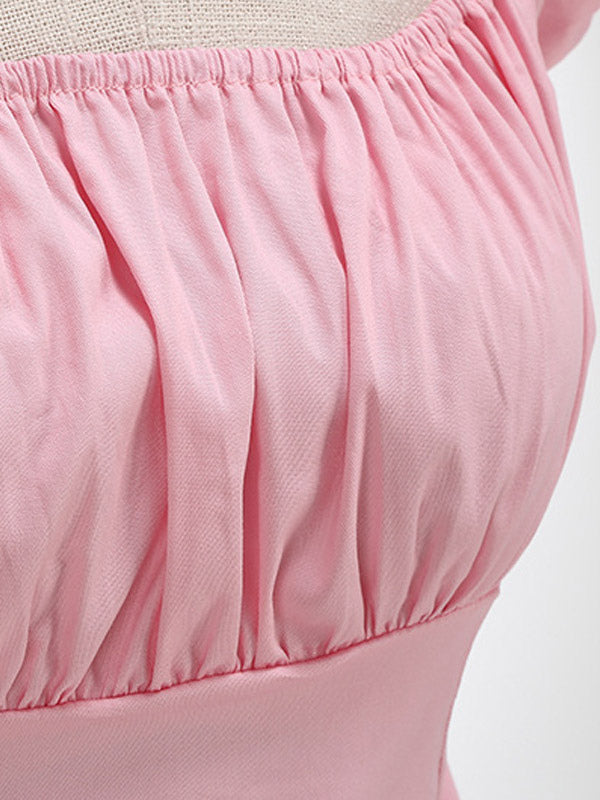 Navy Puff-Sleeve Square-Neck Ruched Blouse — view 8