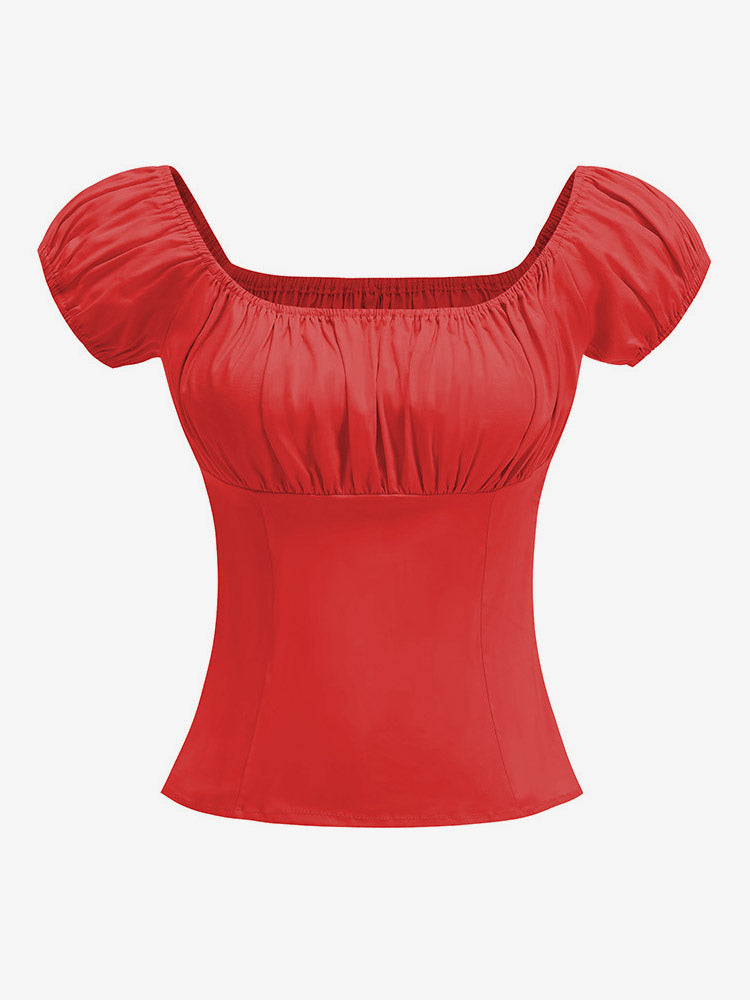 Navy Puff-Sleeve Square-Neck Ruched Blouse — view 2