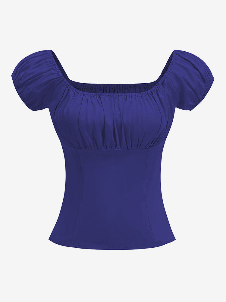 Navy Puff-Sleeve Square-Neck Ruched Blouse — view 5