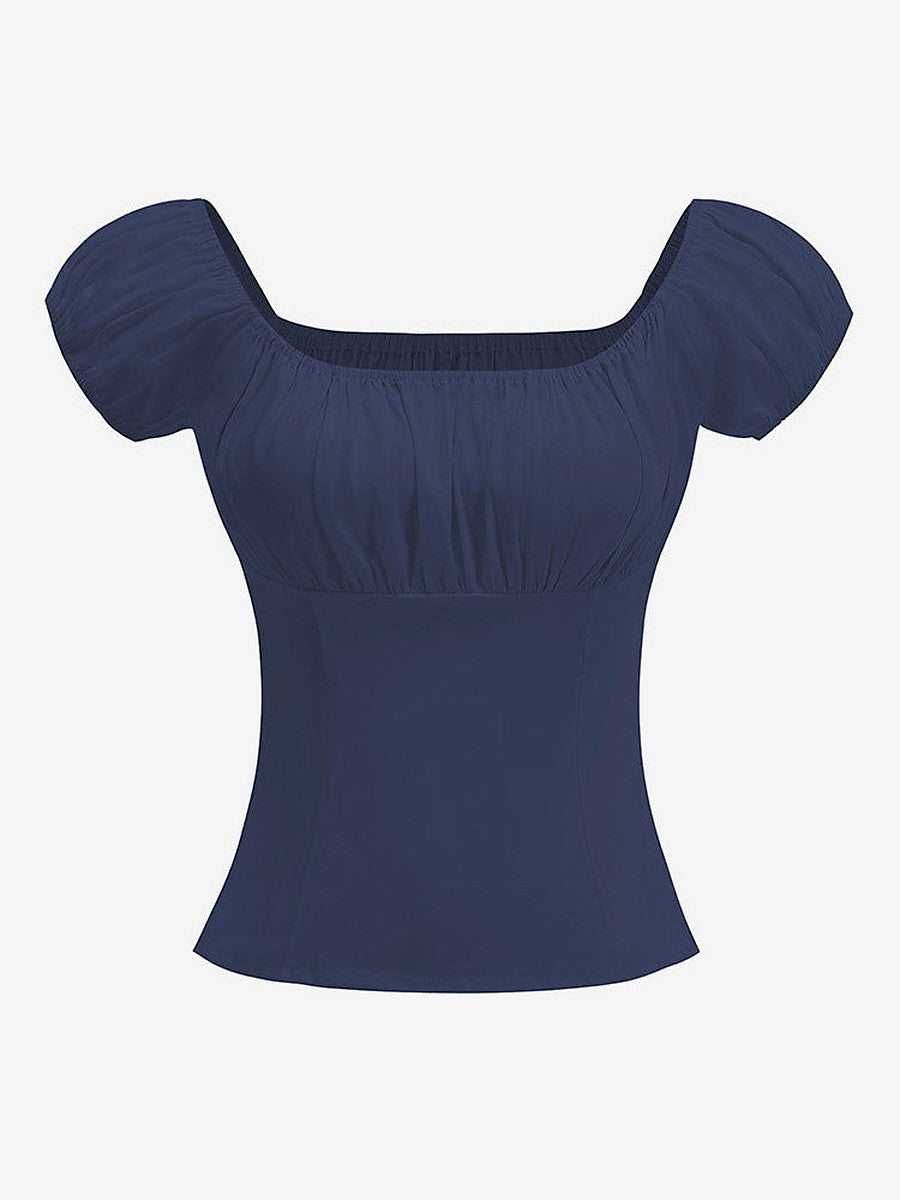 Navy Puff-Sleeve Square-Neck Ruched Blouse — view 1