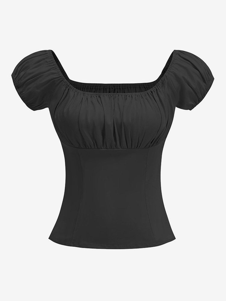 Navy Puff-Sleeve Square-Neck Ruched Blouse — view 9