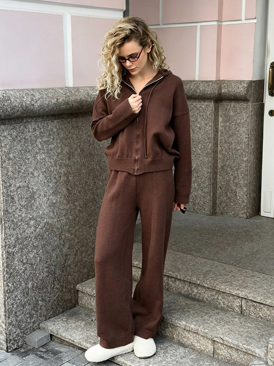 brown wide leg hooded two piece set — view 1
