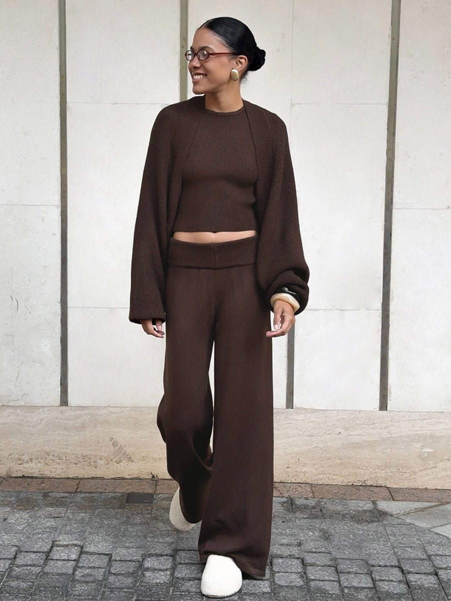 burgundy wide leg knitted two piece set — view 6