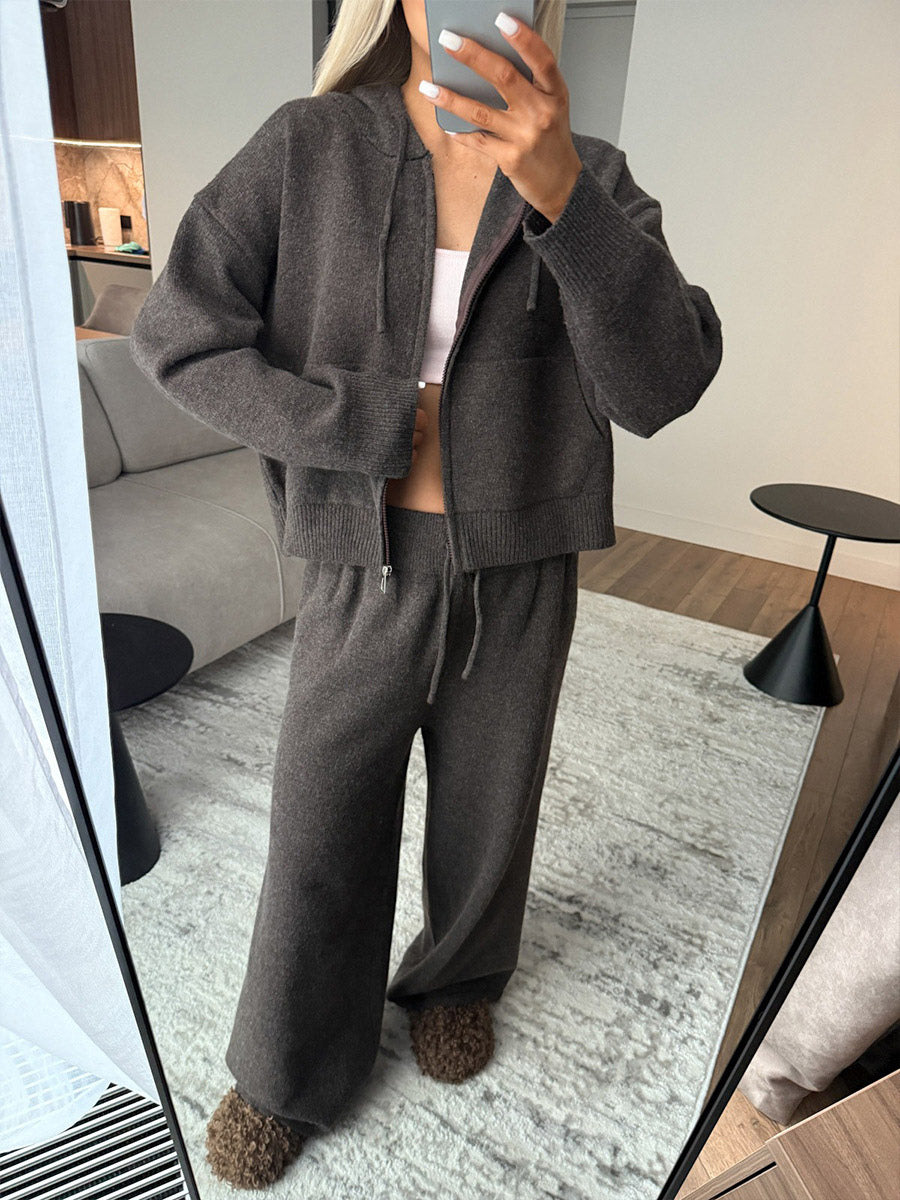 charcoal zip wide leg knitted two piece set — view 6