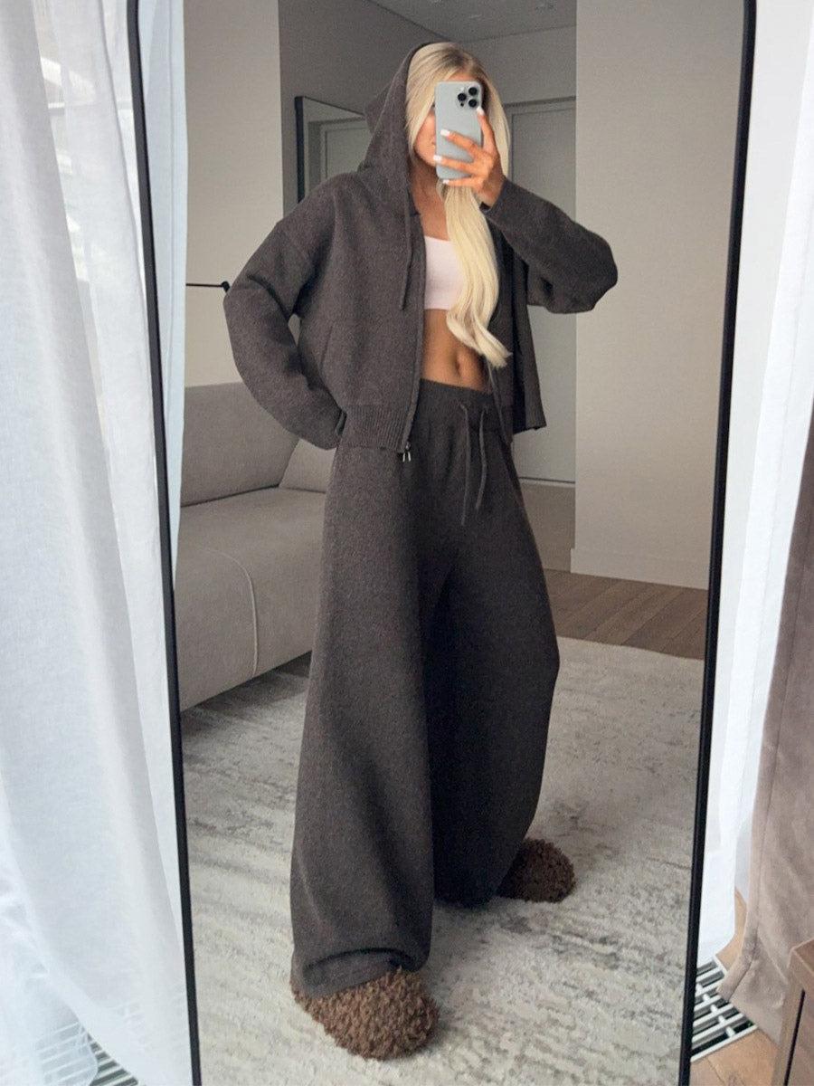 charcoal zip wide leg knitted two piece set — view 7