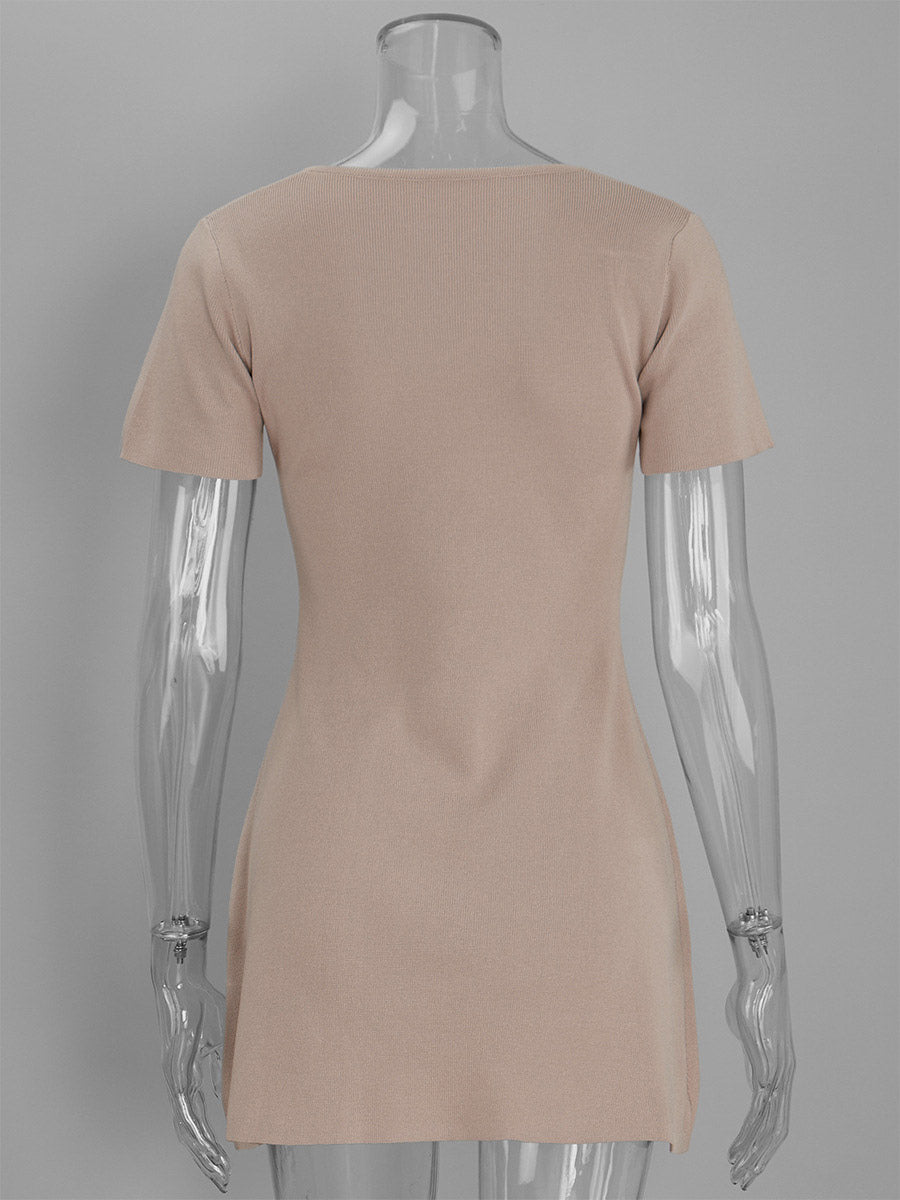 Apricot Short-Sleeve V-Neck Knitted Mini Dress — view 15
