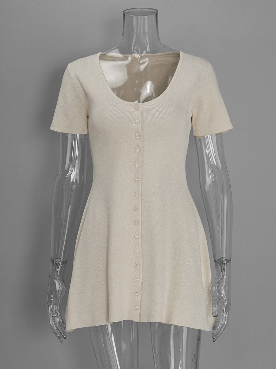 Apricot Short-Sleeve V-Neck Knitted Mini Dress — view 2