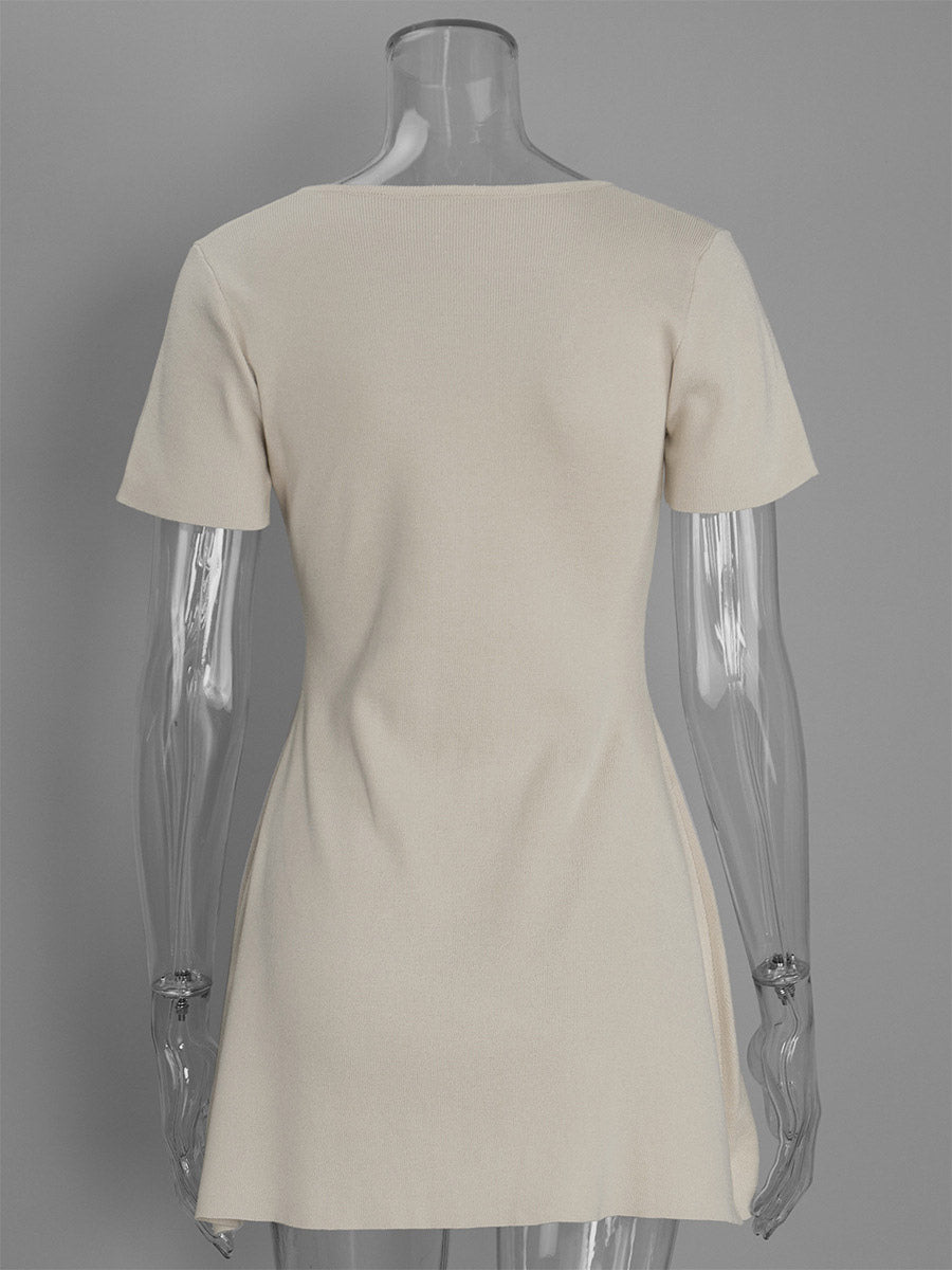 Apricot Short-Sleeve V-Neck Knitted Mini Dress — view 3