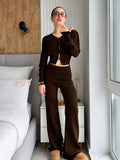 Brown V-Neck High-Waisted Wide-Leg Two-Piece Set — view 1