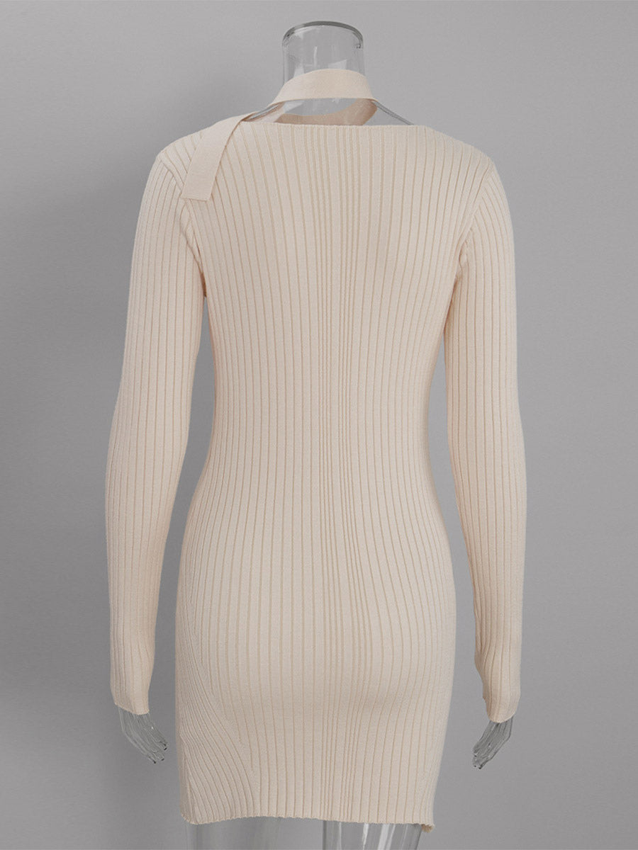 apricot long sleeve v neck halter neck mini dress — view 4