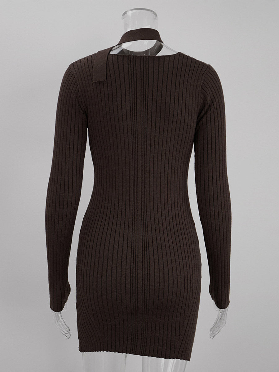 Apricot Long-Sleeve V-Neck Halter-Neck Mini Dress — view 7