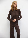 Brown Round-Neck Wide-Leg Knitted Two-Piece Set — view 1