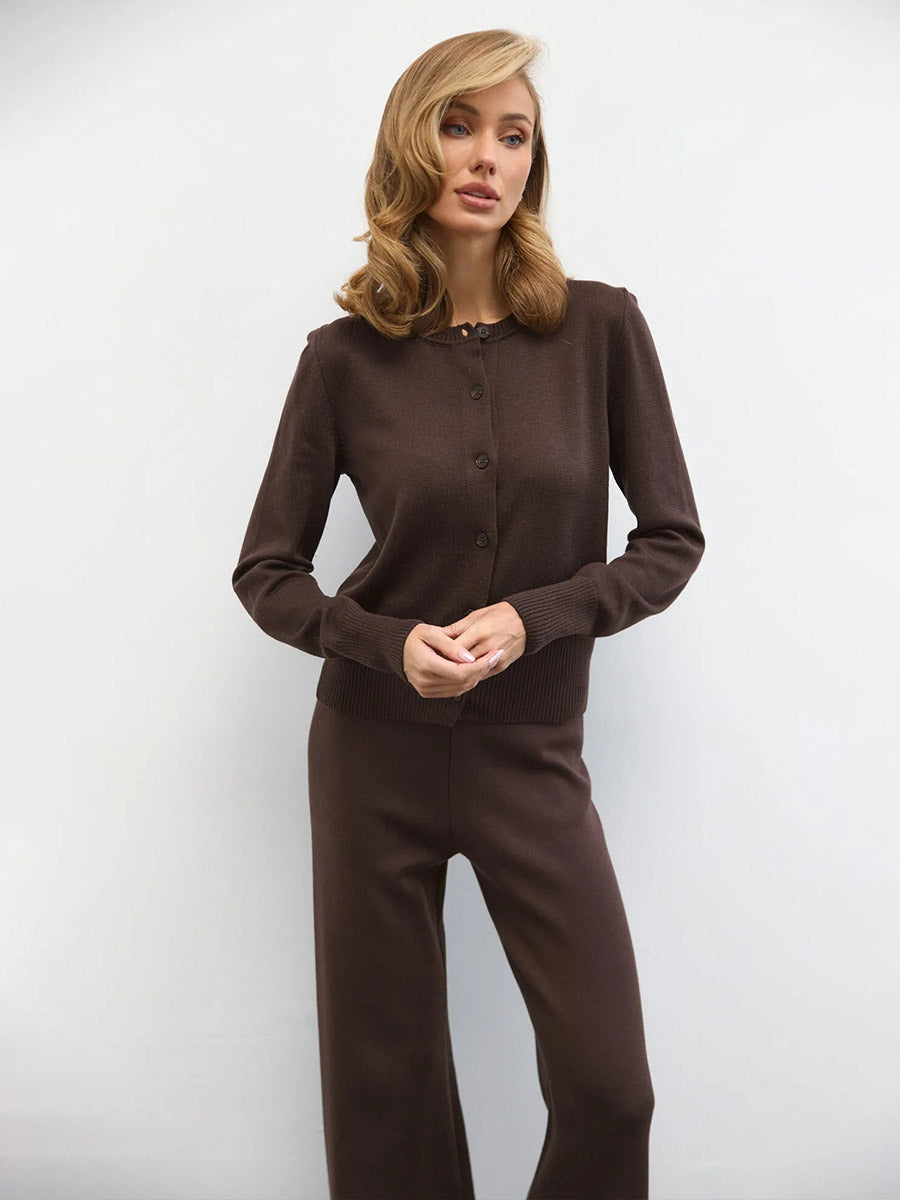 Brown Round-Neck Wide-Leg Knitted Two-Piece Set — view 1