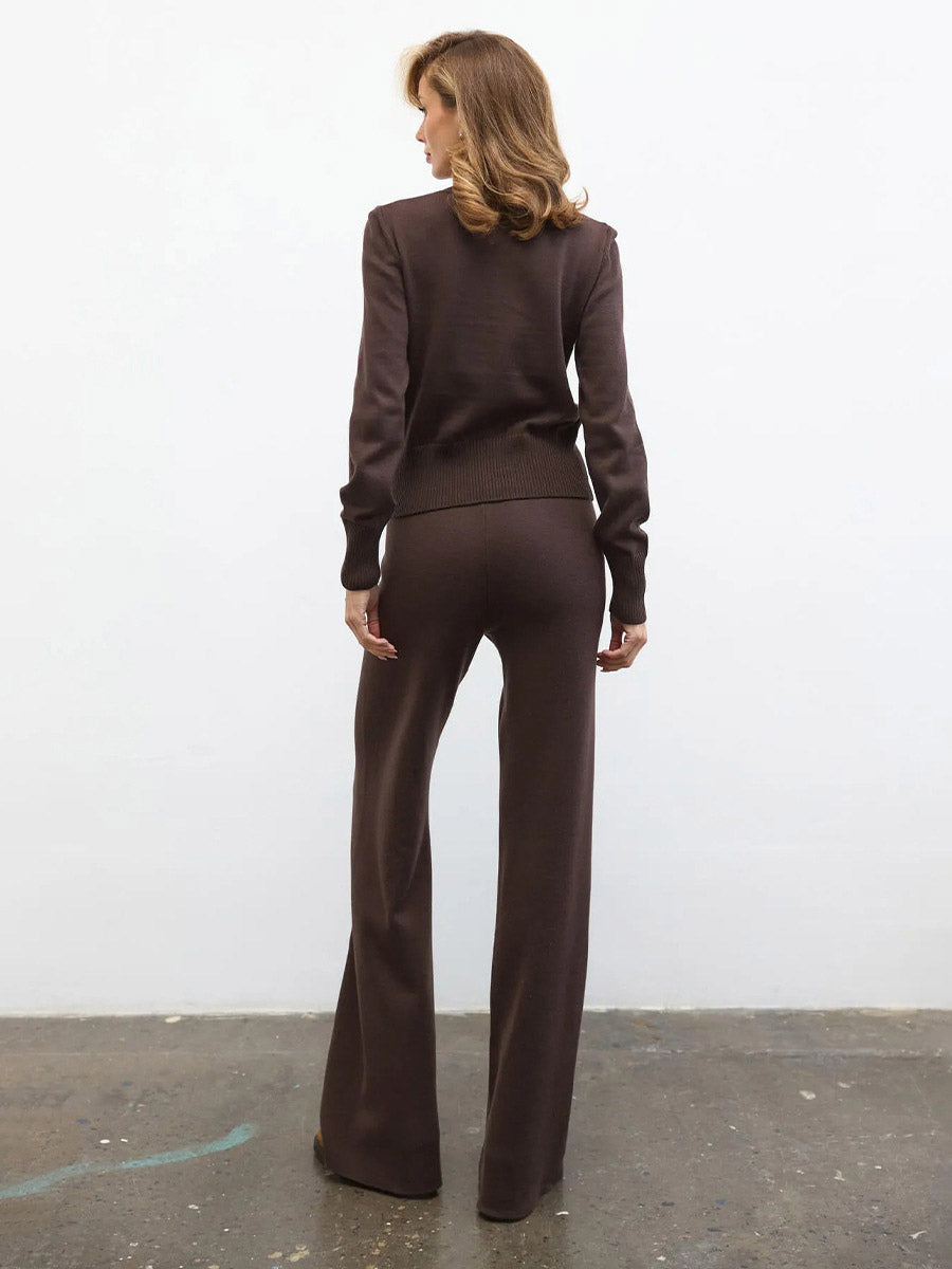 brown round neck wide leg knitted two piece set — view 3
