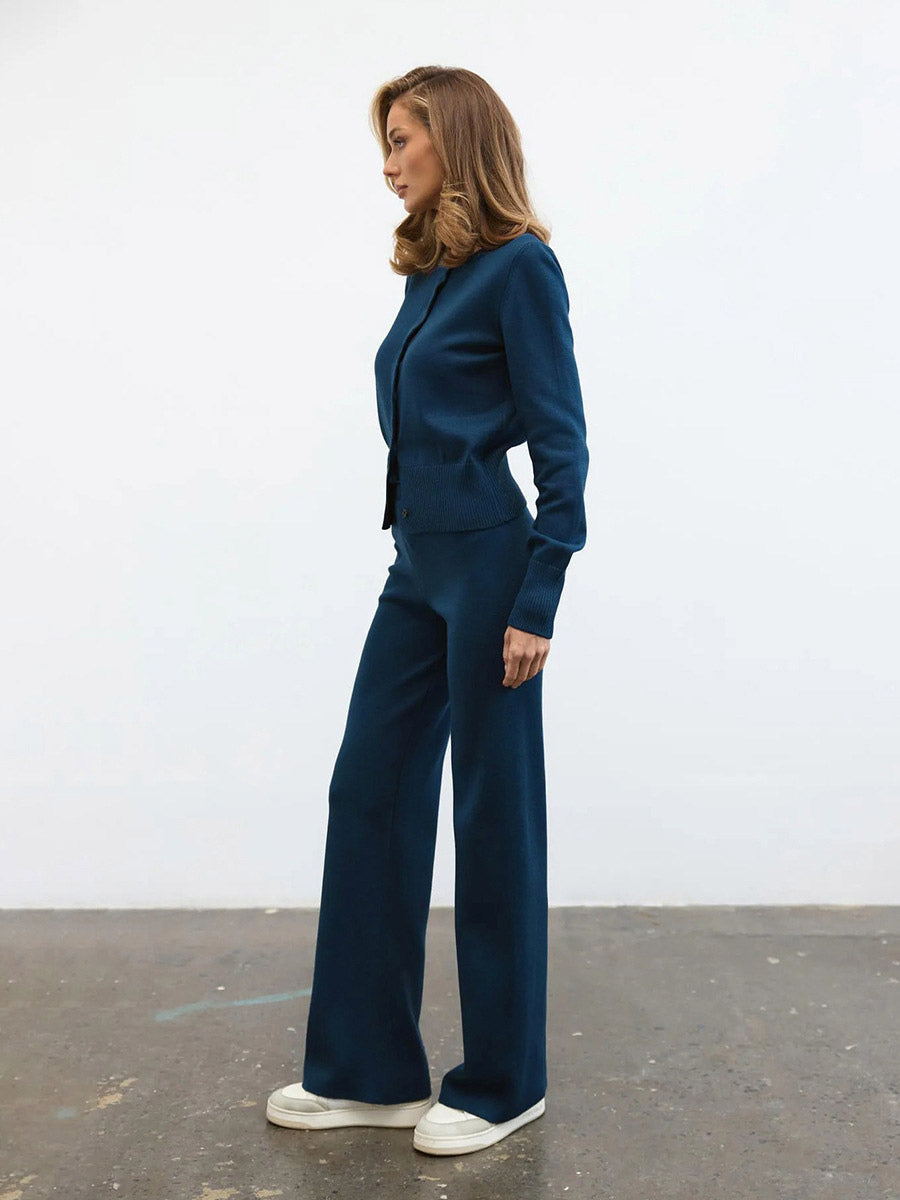 brown round neck wide leg knitted two piece set — view 10