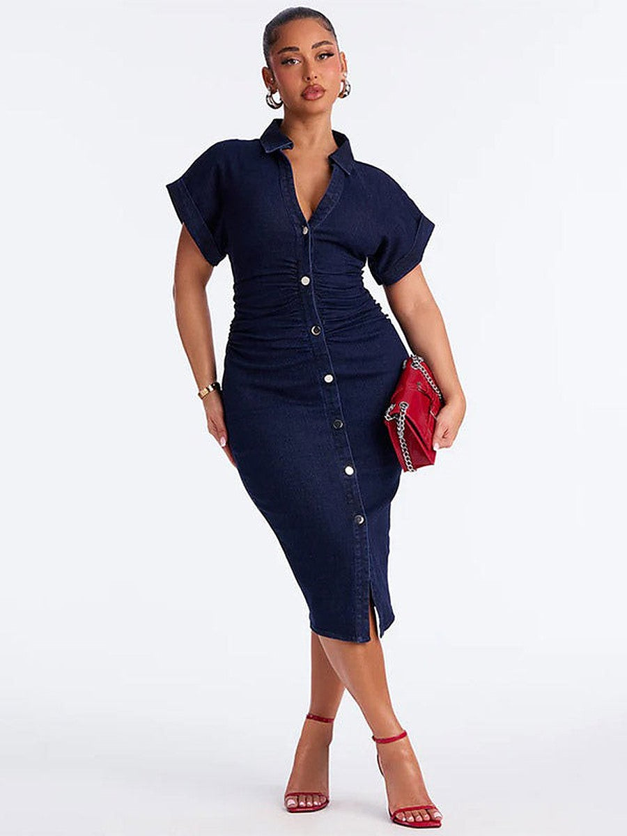 Navy Short-Sleeve Side Split Denim Dress — view 1