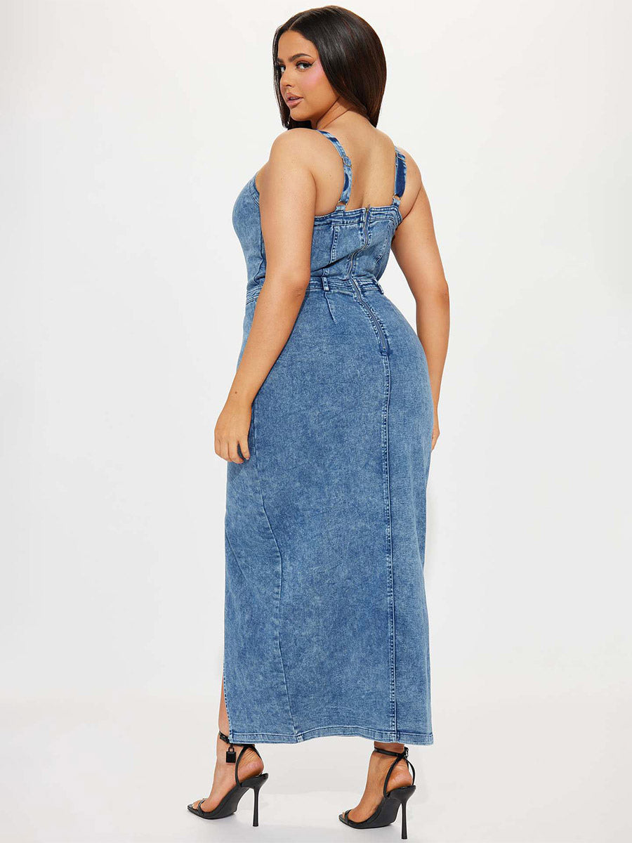 Blue Square-Neck Side Split Denim Dress — view 4