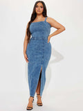 Blue Square-Neck Side Split Denim Dress — view 1