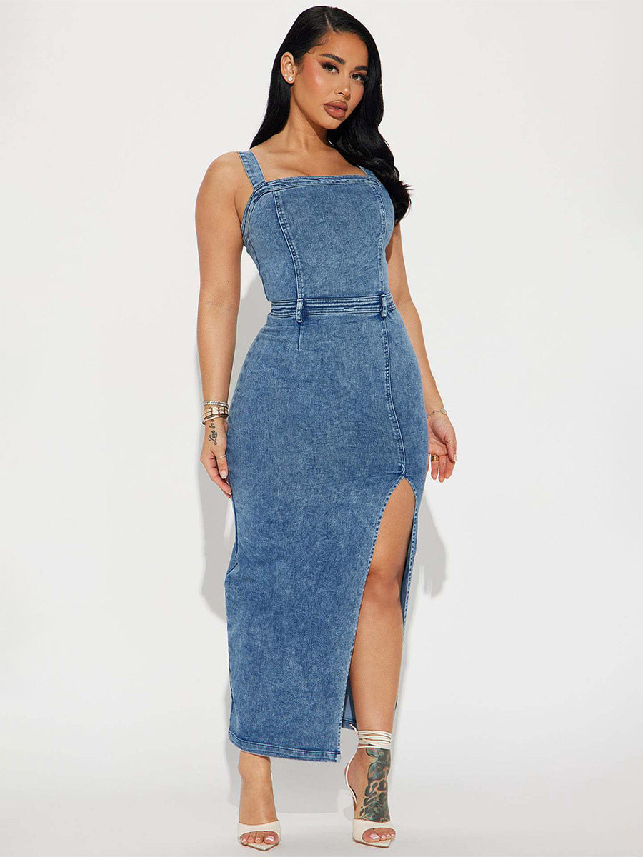 Blue Square-Neck Side Split Denim Dress — view 2