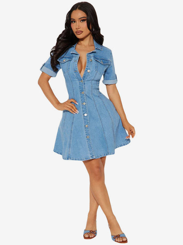 Sky Blue Short-Sleeve Denim Mini Dress — view 2
