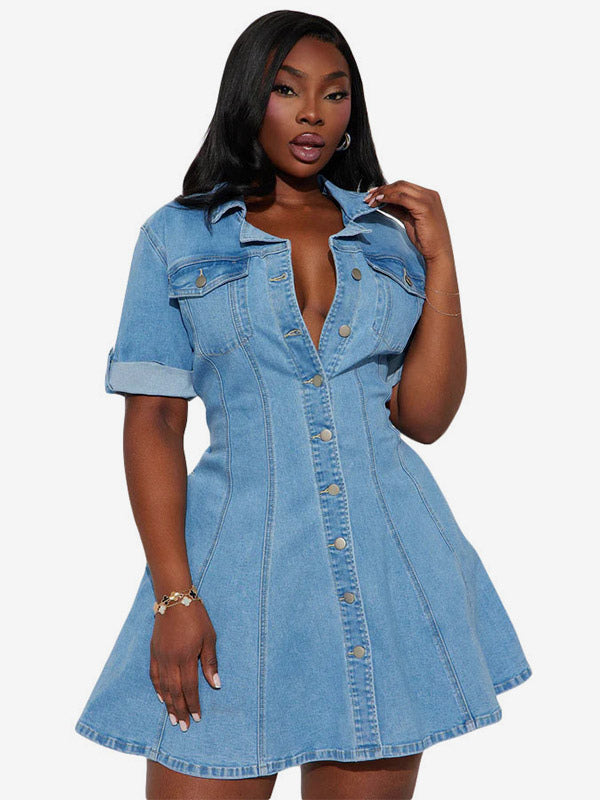 Sky Blue Short-Sleeve Denim Mini Dress — view 3