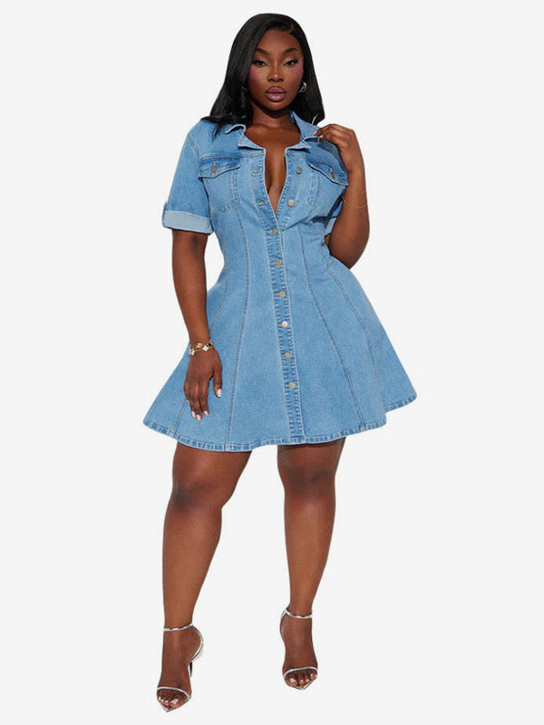 Sky Blue Short-Sleeve Denim Mini Dress — view 4