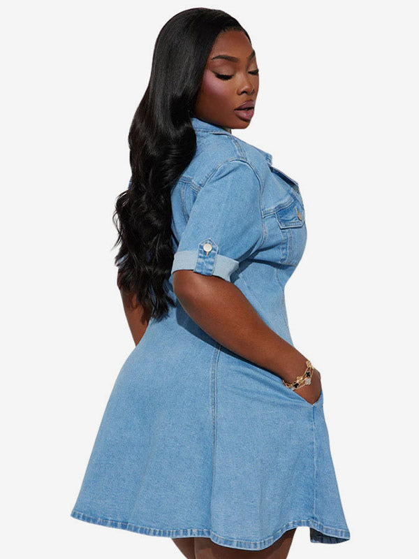 Sky Blue Short-Sleeve Denim Mini Dress — view 6