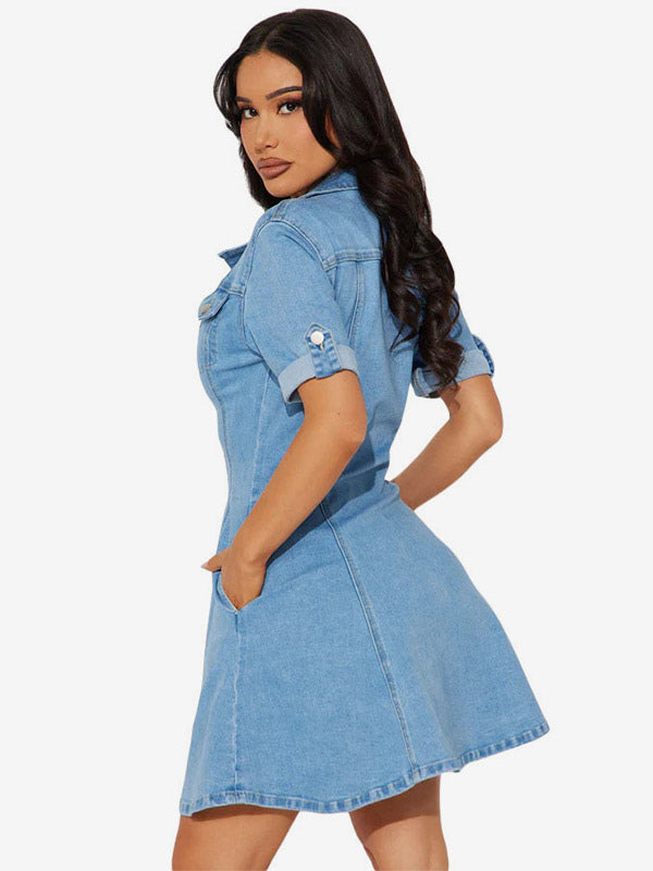 Sky Blue Short-Sleeve Denim Mini Dress — view 5