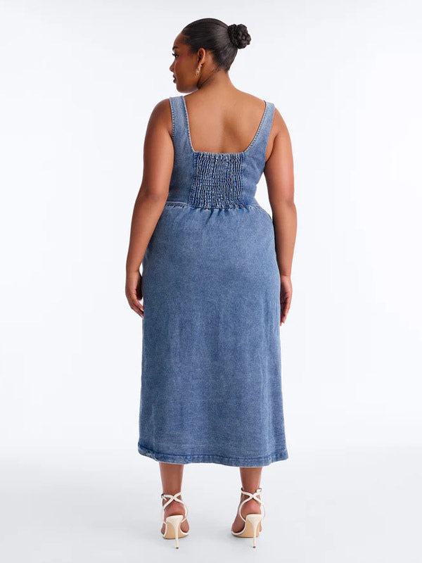 Navy Sweetheart Denim Midi Dress — view 5