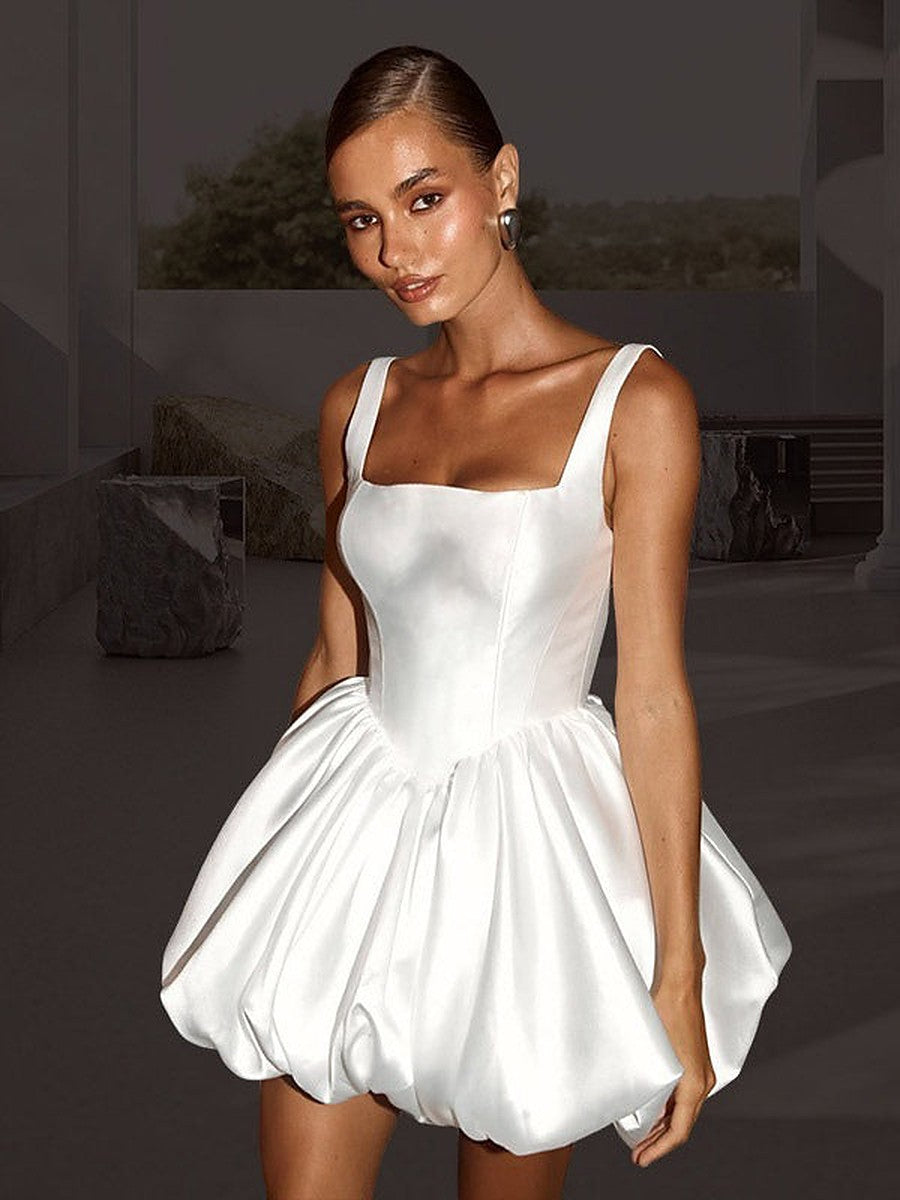 White Square-Neck Satin Mini Dress — view 1