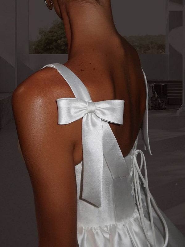 White Square-Neck Satin Mini Dress — view 4