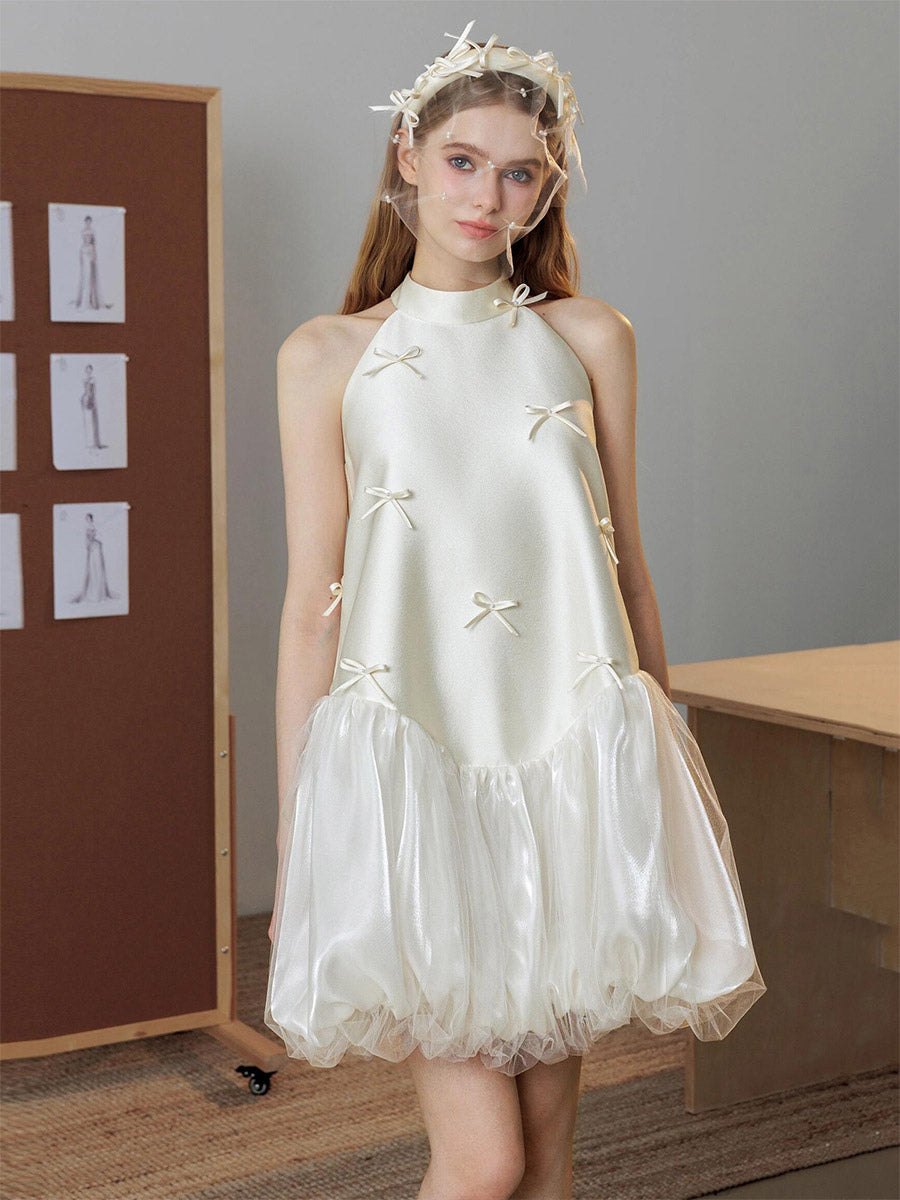 White Halter-Neck Satin Bow Detail Mini Dress — view 1