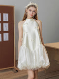 White Halter-Neck Satin Bow Detail Mini Dress — view 1