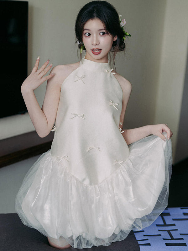 White Halter-Neck Satin Bow Detail Mini Dress — view 5